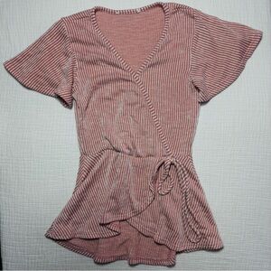 Striped V-Neck Wrap Blouse - Pink